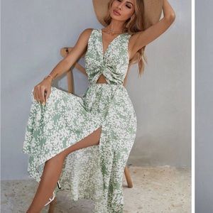 shein ditsy floral twist front split hem dress